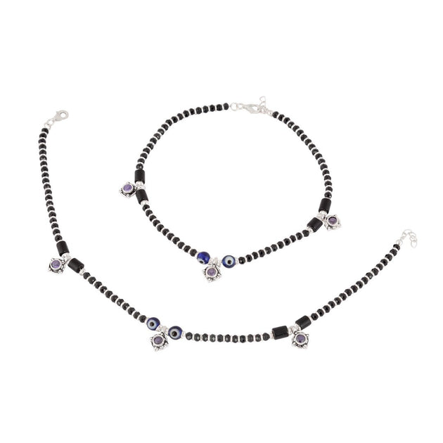 925 Sterling Silver Beads Evil Eye Black Thread Anklet- Dark Blue –