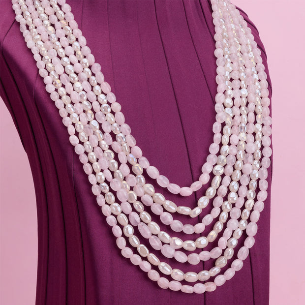 Natural rose quartz and peal 7 layer necklace