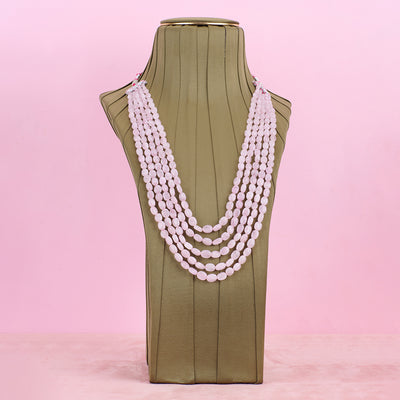 NATURAL ROSE QUARTZ BEADED 5 LAYER NECKLACE.