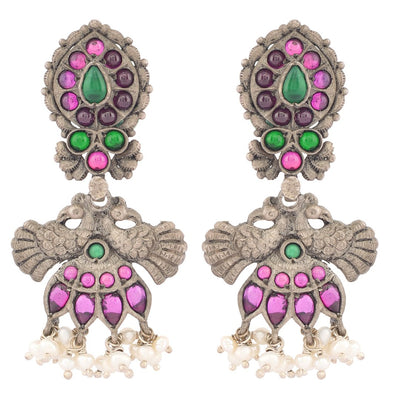 Oxidised colorful peacock drop earrings