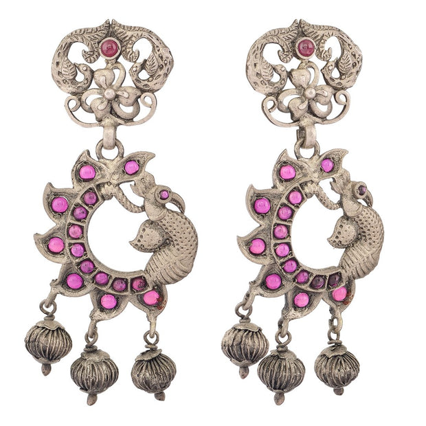 Oxidised Pink Peacock drop earrings