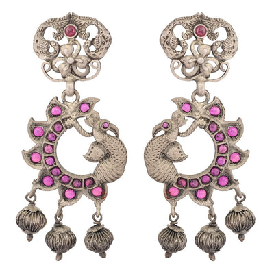 Oxidised Pink Peacock drop earrings