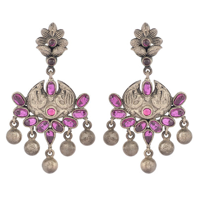 Oxidised pink stone drop earrings