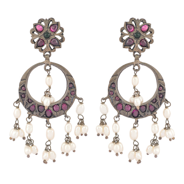 Oxidised pinkstone Chandbali drop earrings