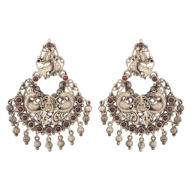 Oxidised Ruby Peacock Chandbali earrings