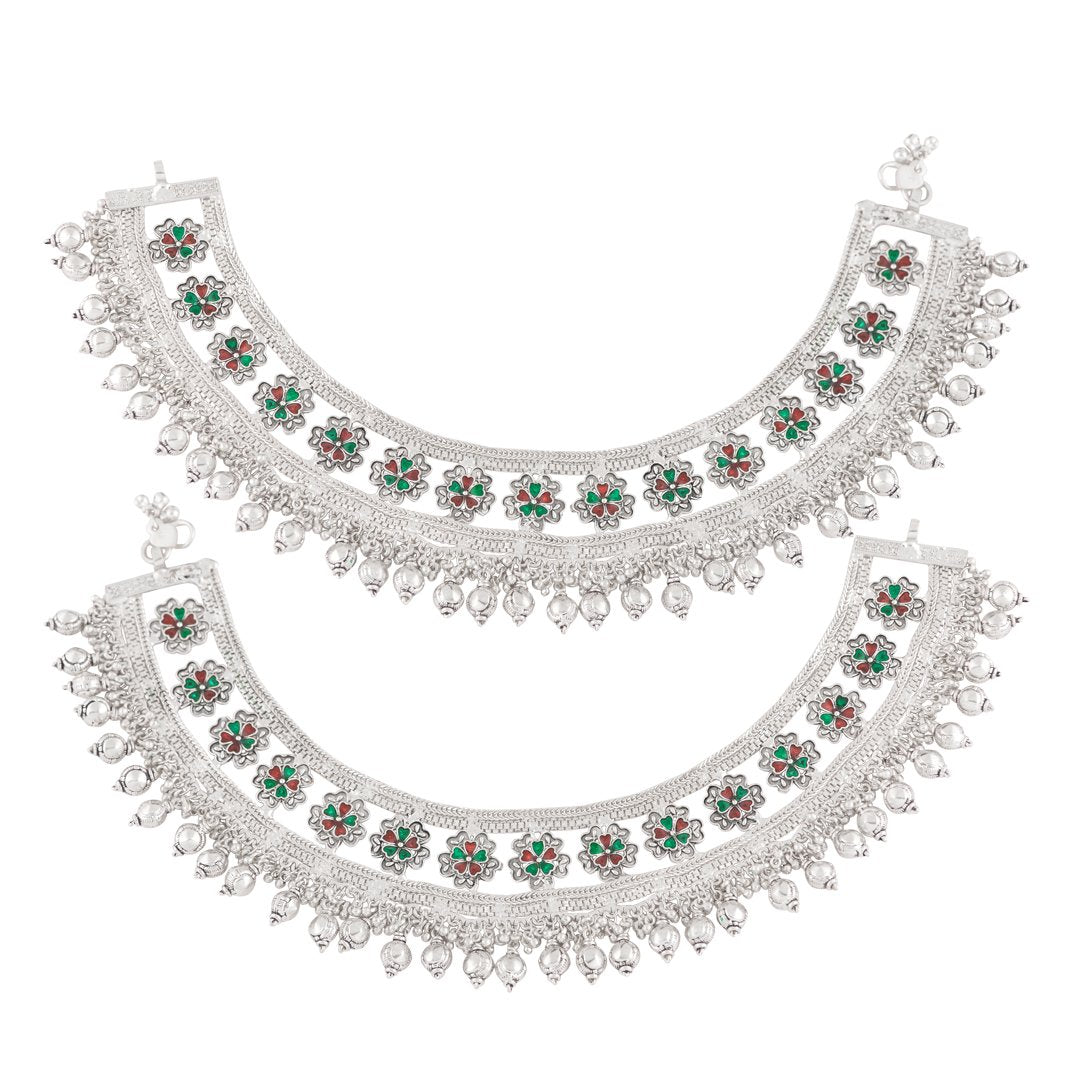 Multilayered Kundan Floral Silver Payal – Abaran Timeless