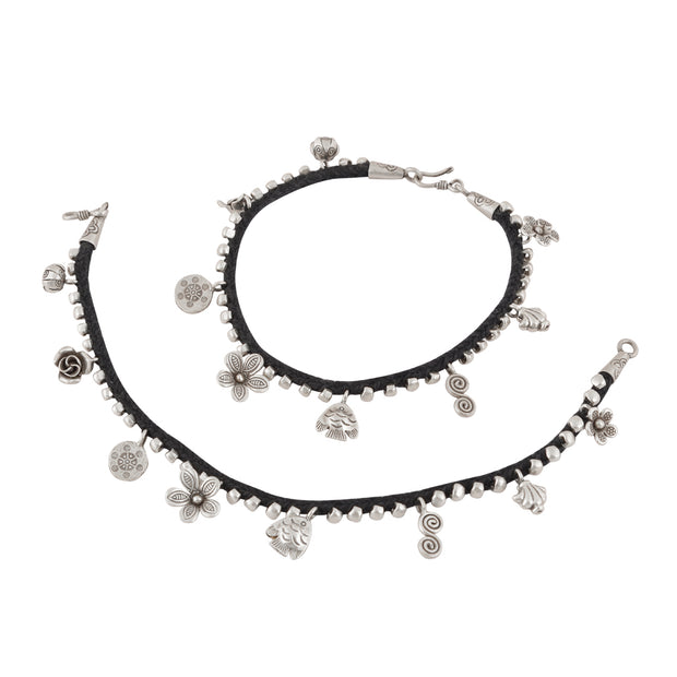 Silver Charms Black braided anklet