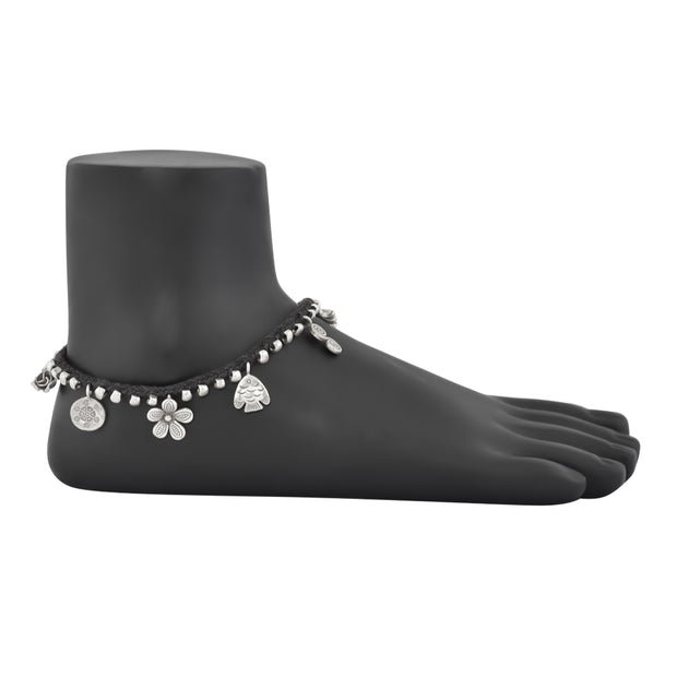 Silver Charms Black braided anklet