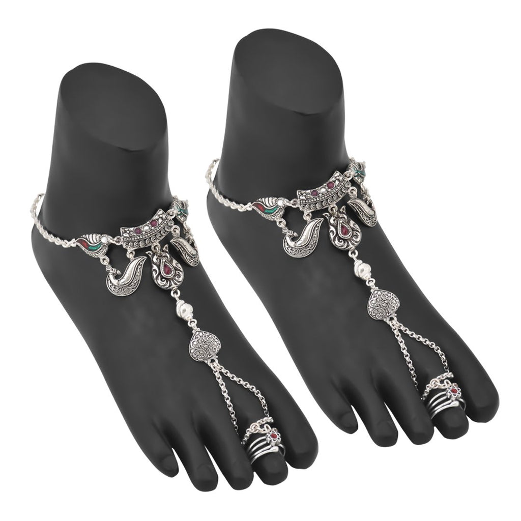 OOMPH Oxidised Silver-Toned Floral Anklet with Toe Ring - Absolutely Desi