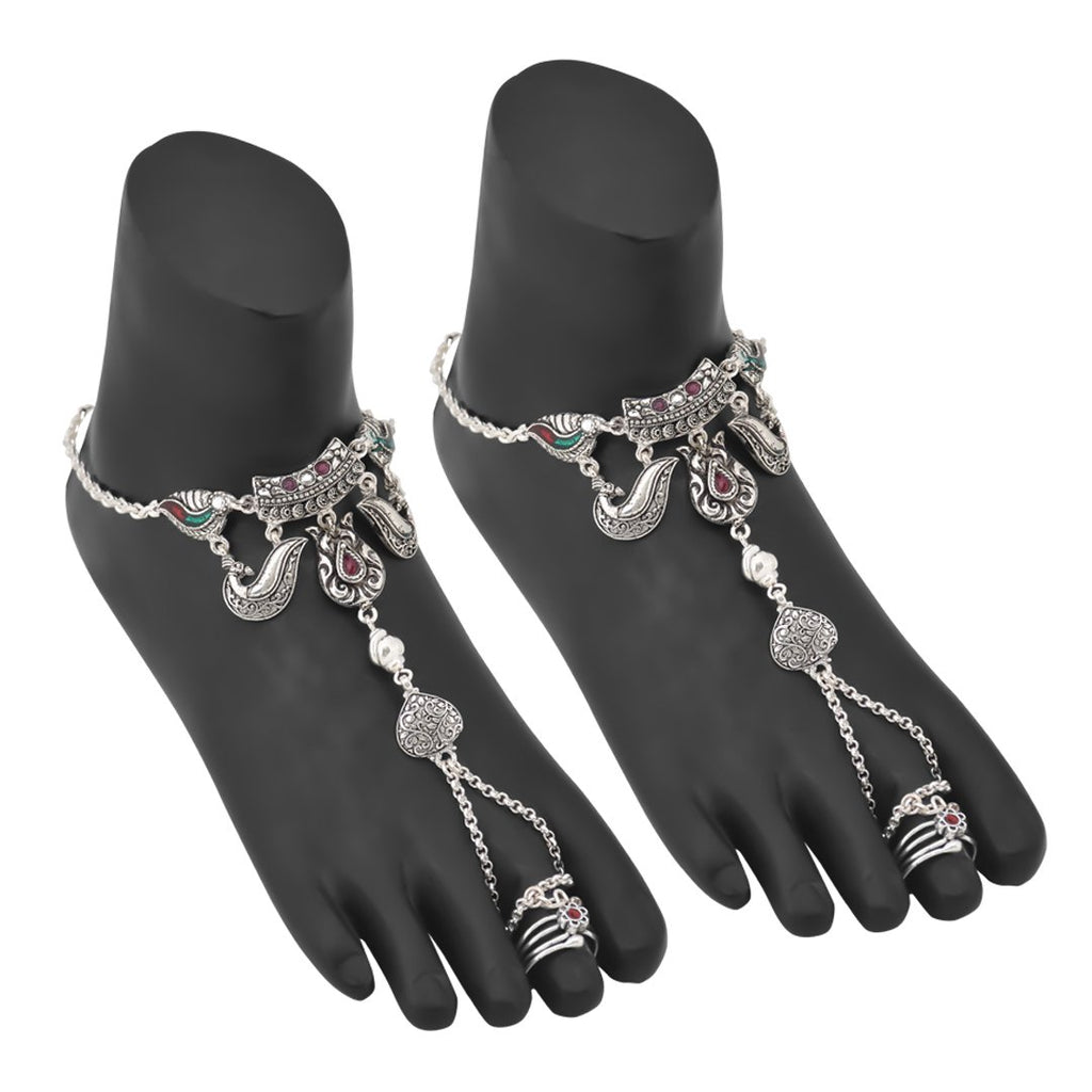 Oxidised Silver Kundan Toe ring anklet