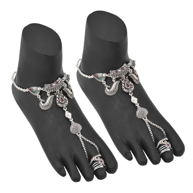 3 Finger chain wedding Handmade Crystal Enamel Toe Rings Pair Real Sol –  Karizma Jewels