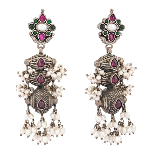 Oxidised colorful guttapusalu silver earrings