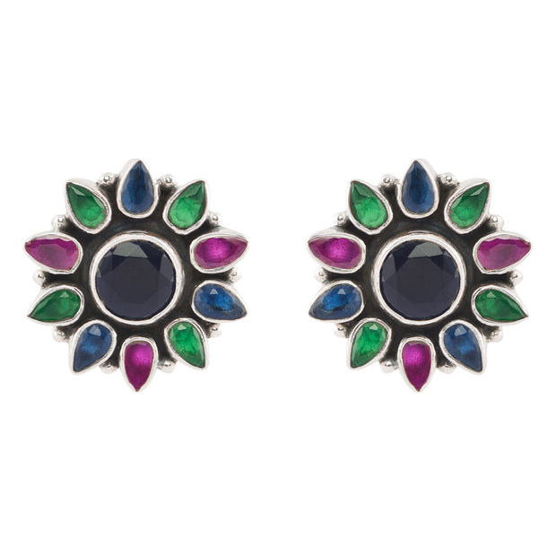Oxidised Colorful CZ studded floral studs