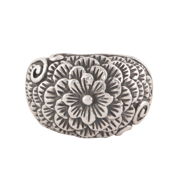 Oxidised flower Wide Band Ring