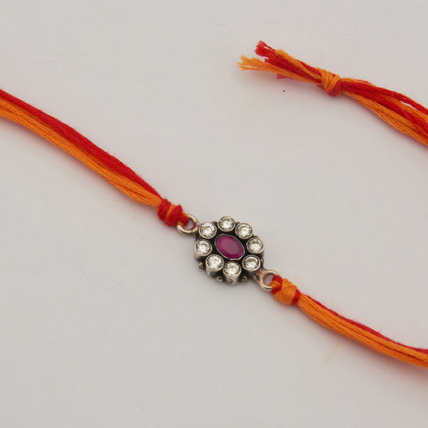 Mauli thread with Flower Silver Rakhi