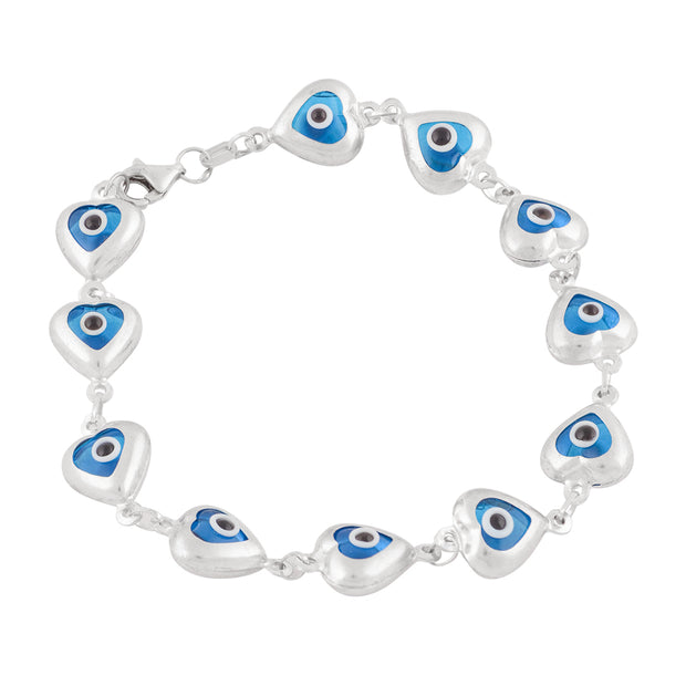 Blue evil-eye heart-shaped silver bracelet