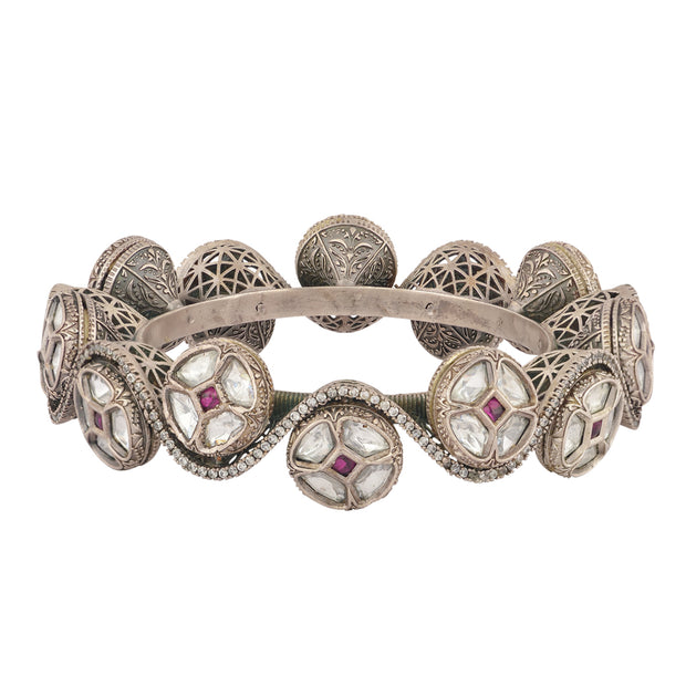 Silver Kundan Floral Rajwadi Kada