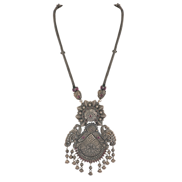 Oxidised silver filigree peacock necklace