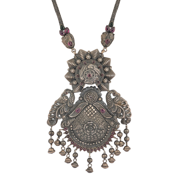 Oxidised silver filigree peacock necklace