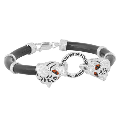 Silver Tigerhead linked black bracelet